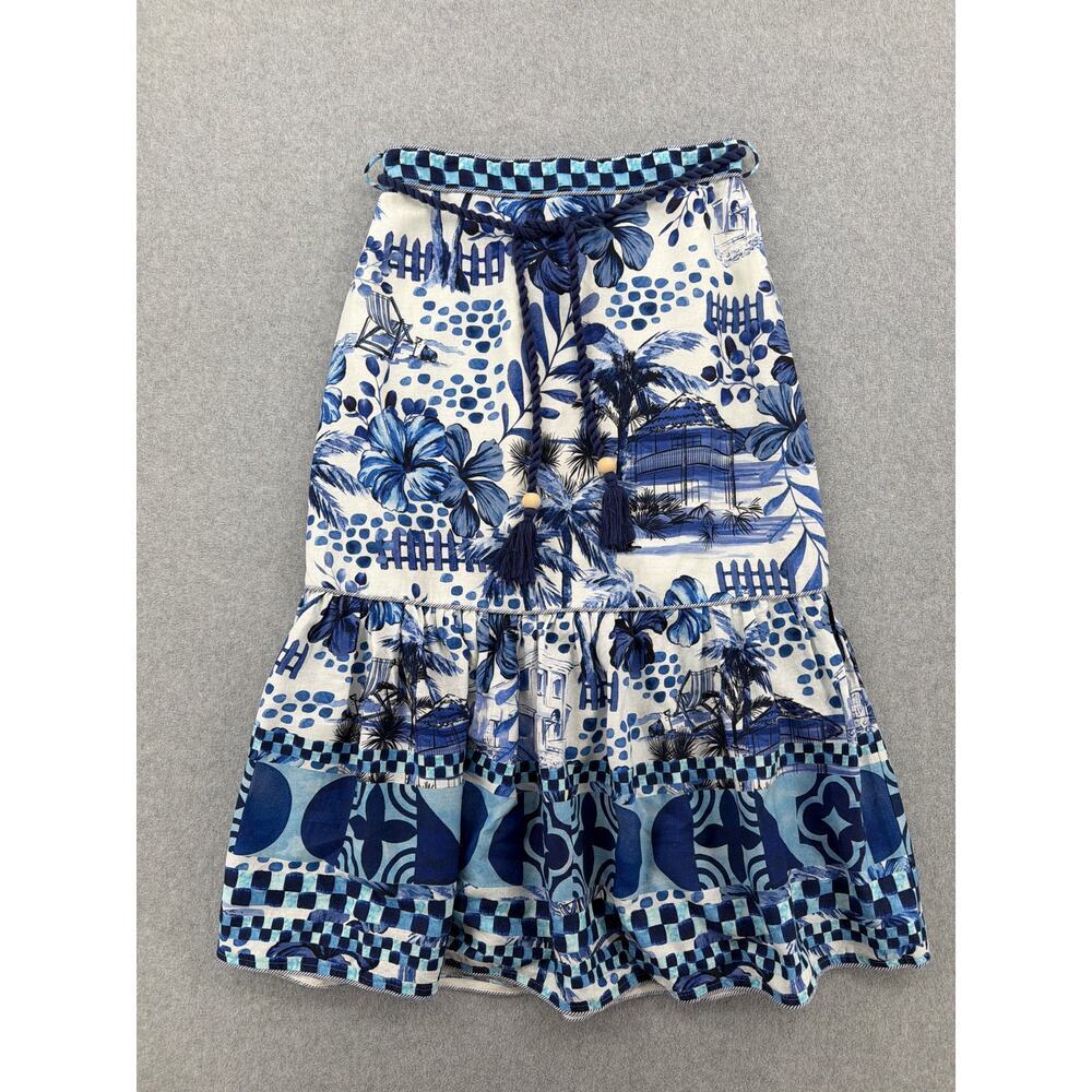 House Of Harlow Blue White Linen Maxi Skirt Tiered Coastal Tropical Boho Size M
